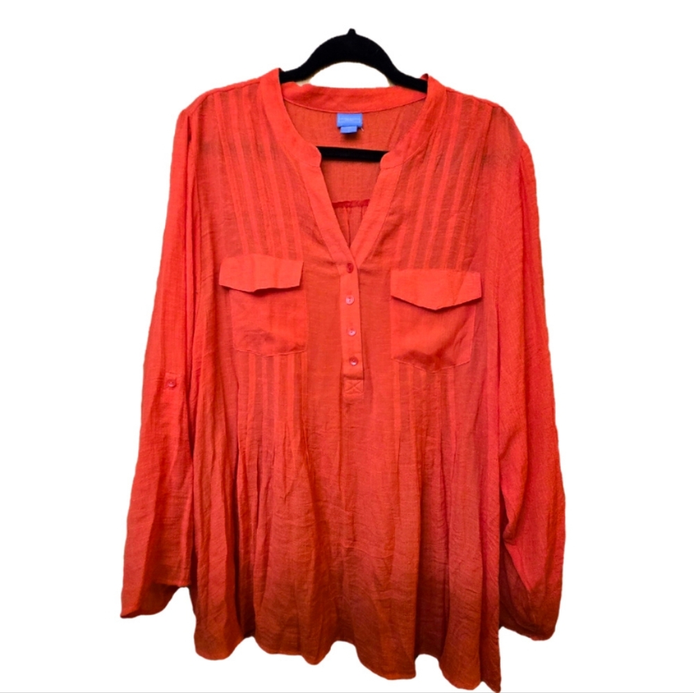 Flowing Coral Tunic Blouse with Pockets - Size 3X